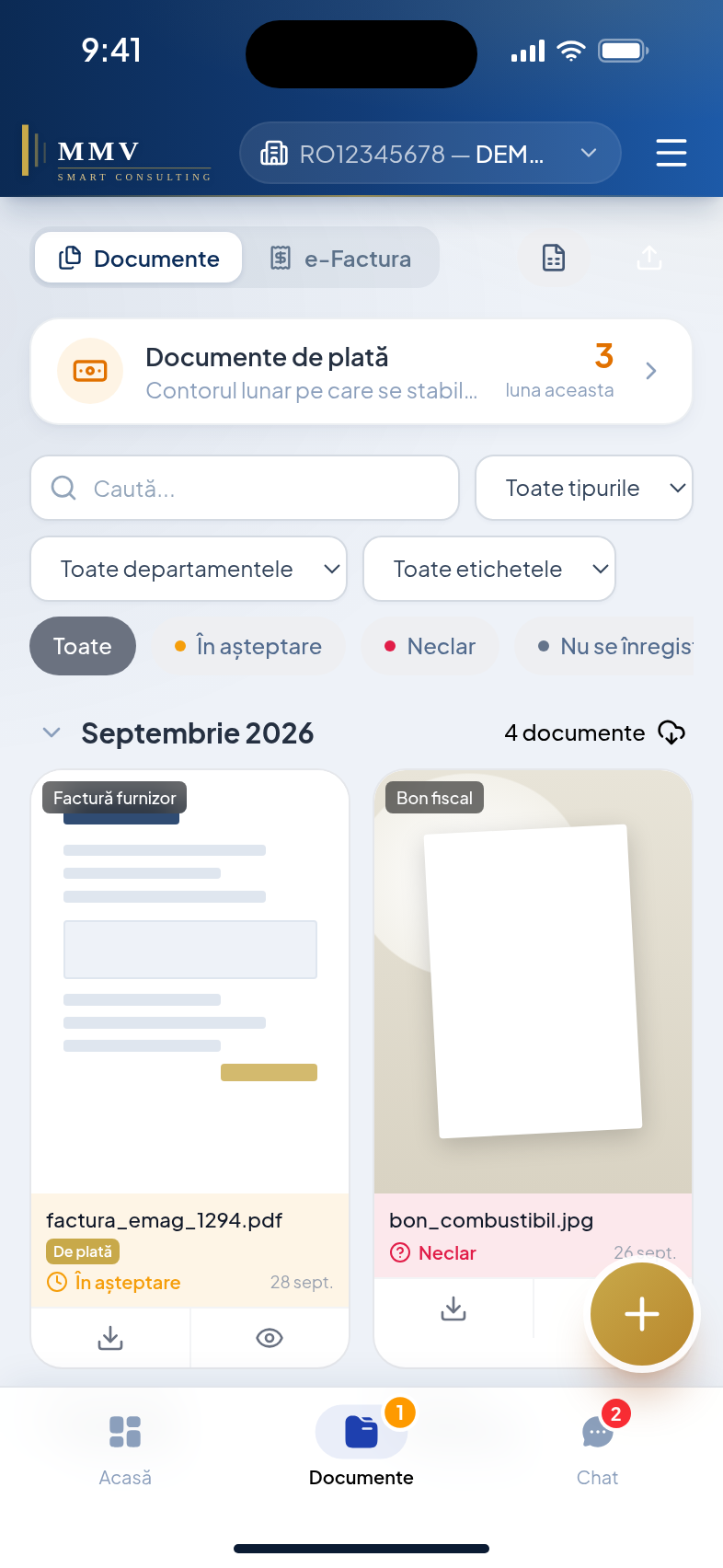 Ecranul de documente din aplicația MMV: contor lunar, filtre de status și lista de documente