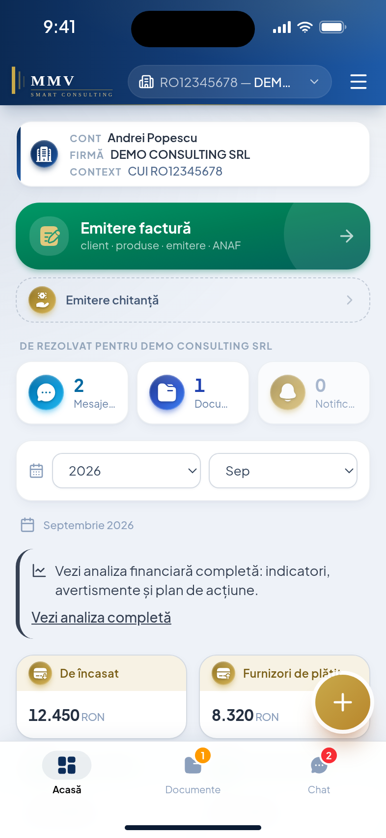 Ecranul principal al aplicației MMV: emitere factură, ce e de rezolvat pentru firmă și situația contabilă